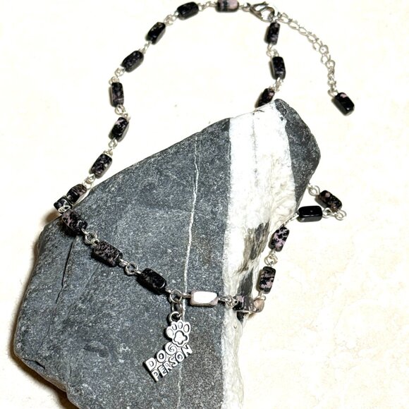 Genuine Gemstone Black Pink Rhodonite w/ Dog Person Pendant Short Necklace - Picture 6 of 15